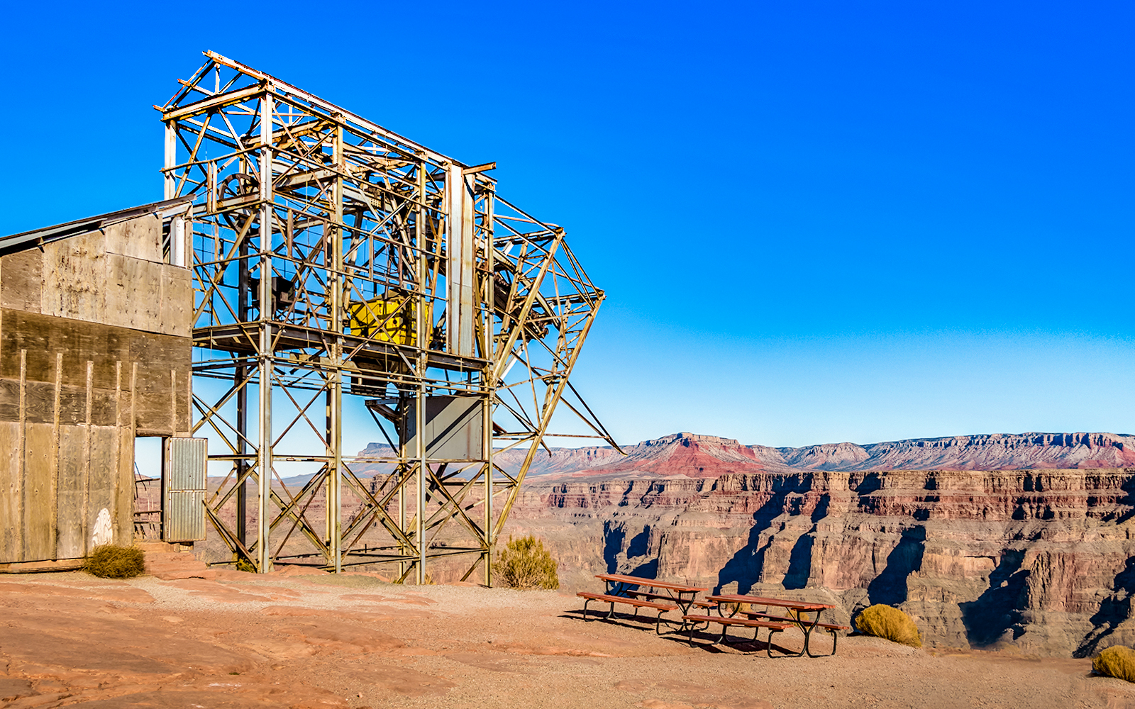 Cable tramway structure at Guano Point, Grand Canyon West Rim, Arizona, with canyon view.