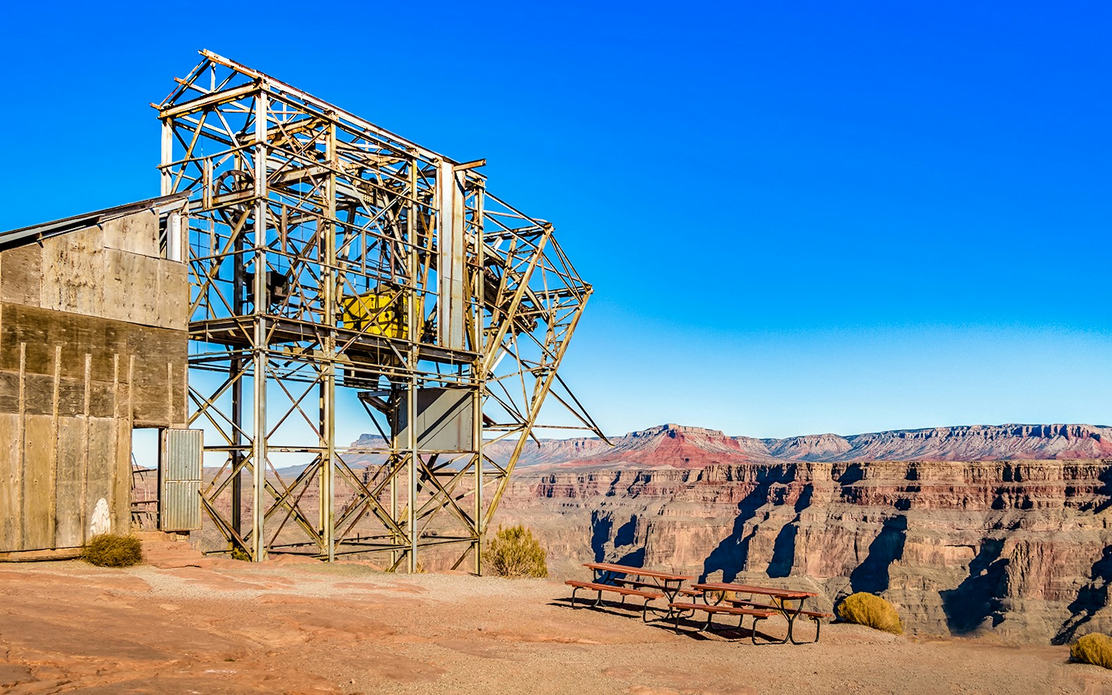 Cable tramway structure at Guano Point, Grand Canyon West Rim, Arizona, with canyon view.