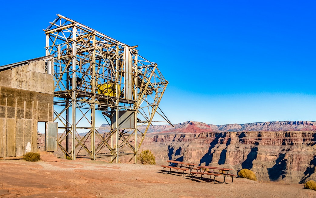 Cable tramway structure at Guano Point, Grand Canyon West Rim, Arizona, with canyon view.