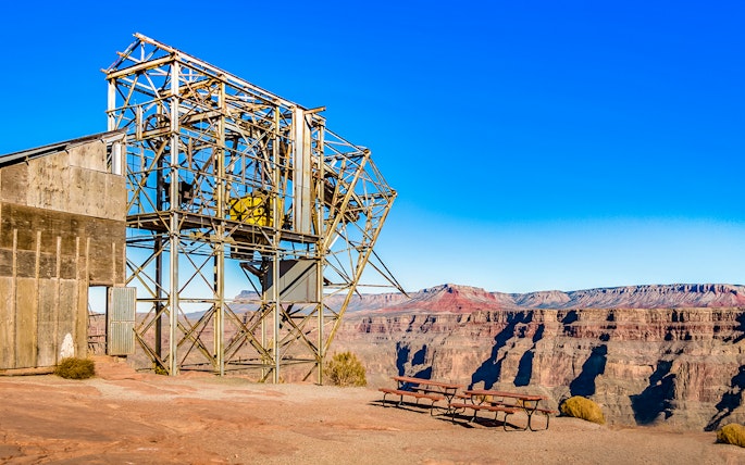 Cable tramway structure at Guano Point, Grand Canyon West Rim, Arizona, with canyon view.