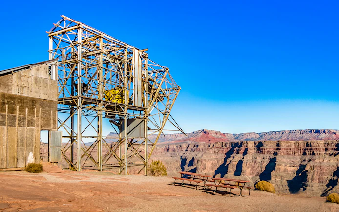 Cable tramway structure at Guano Point, Grand Canyon West Rim, Arizona, with canyon view.