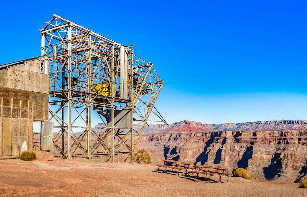Cable tramway structure at Guano Point, Grand Canyon West Rim, Arizona, with canyon view.