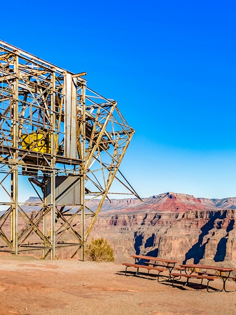 Cable tramway structure at Guano Point, Grand Canyon West Rim, Arizona, with canyon view.