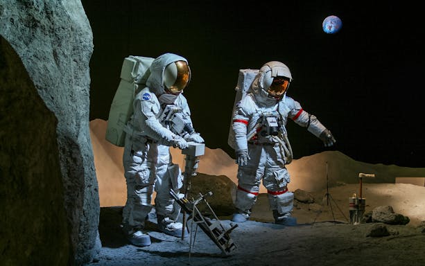 Astronauts conducting a lunar mission simulation at Space Center Houston.