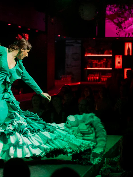 Flamenco dancer performing at El Duende by Tablao Cordobes show in Barcelona.