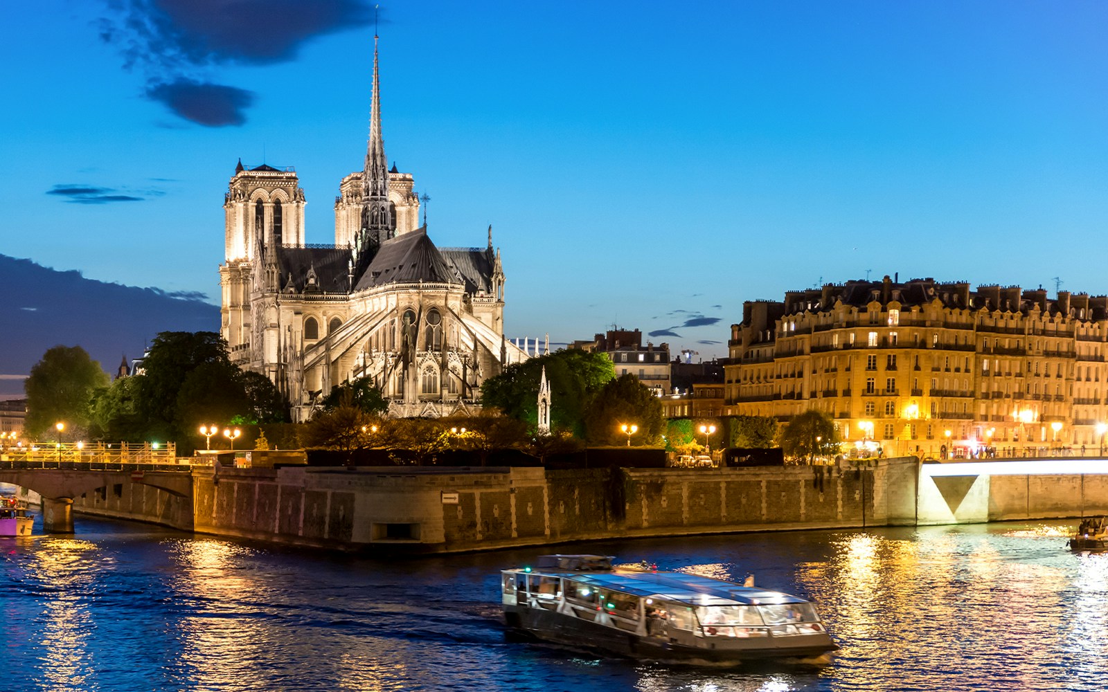 Notre Dame de Paris with cruise ship on Seine river at night in Paris