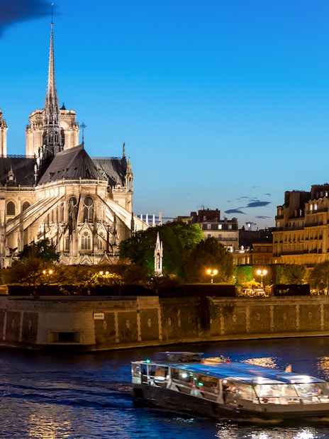 Seine River cruise boat passing Notre-Dame Cathedral at dusk in Paris.