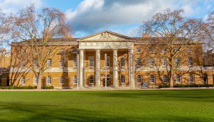 Saatchi Gallery, Historic Duke of York's Headquarters building in London with green lawn