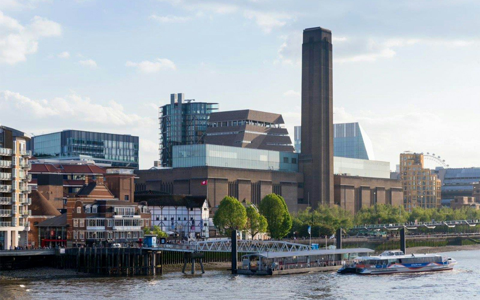 Tate Modern exterior view with river and cityscape in London.