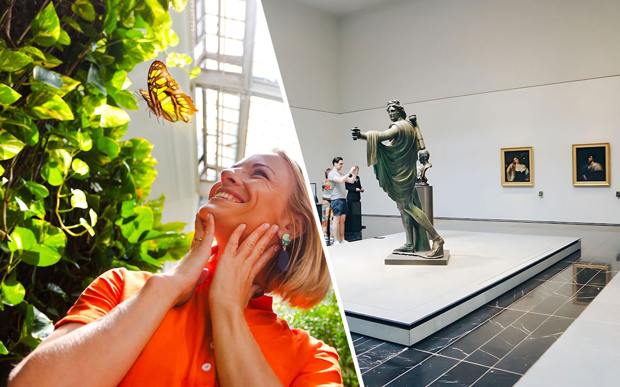 Tourists enjoying The Butterfly Garden and museum sculptures.