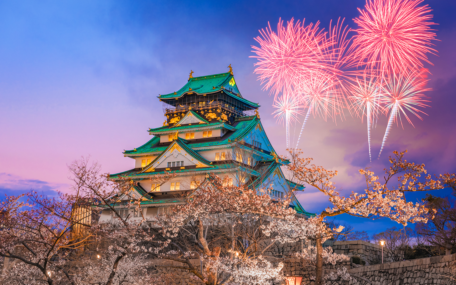 Cherry blossoms and fireworks at Osaka Castle, Japan.