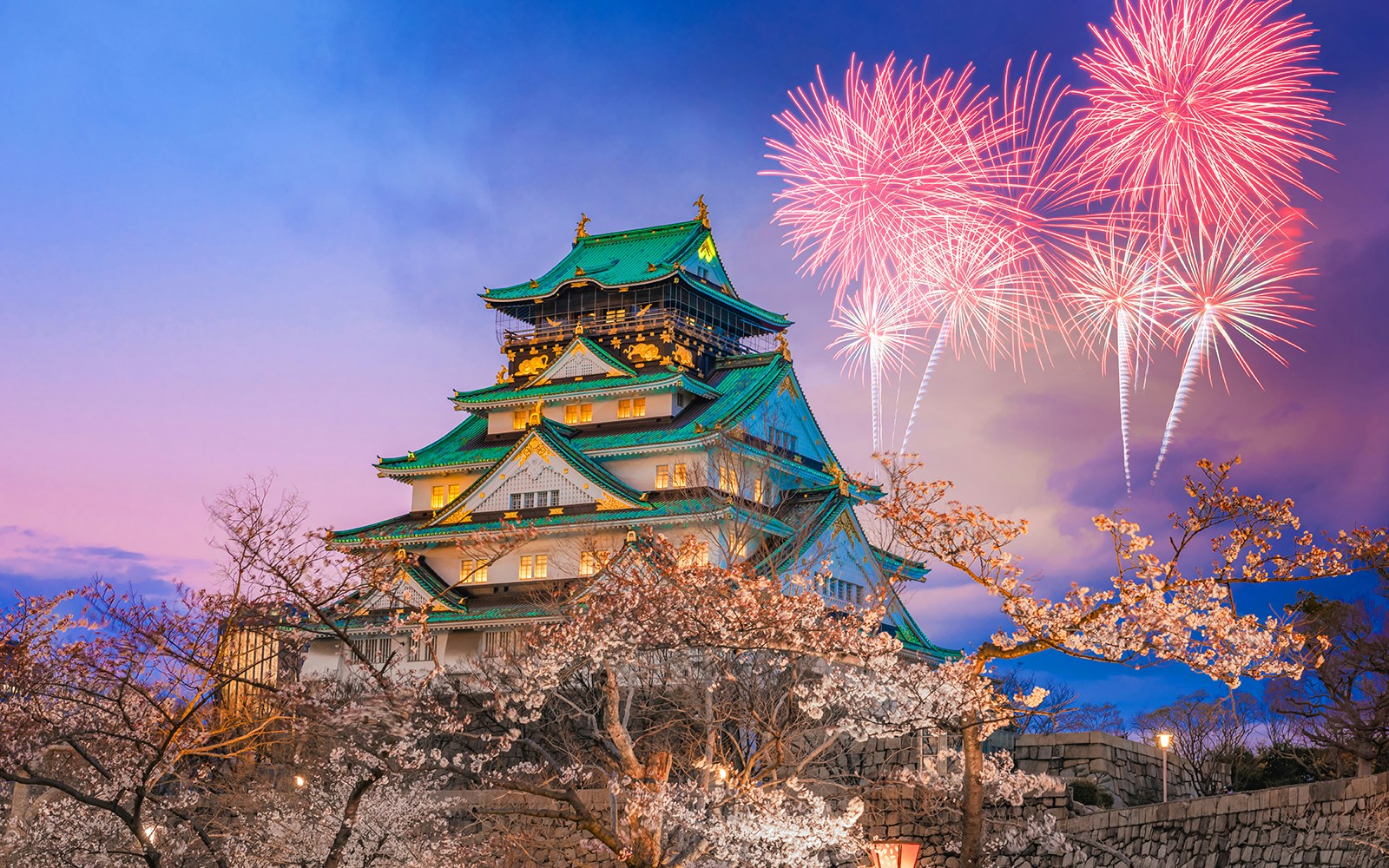 Cherry blossoms and fireworks at Osaka Castle, Japan.