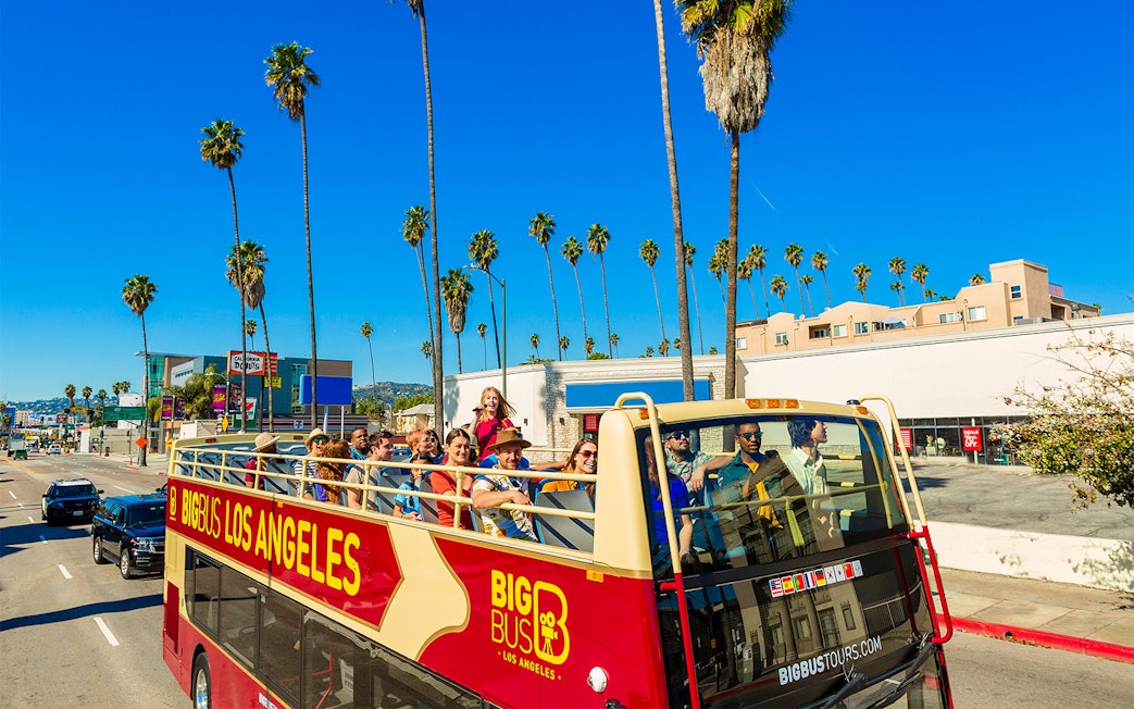Open-top tour bus with passengers on a sunny street in Los Angeles, lined with palm trees.