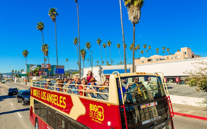 Open-top tour bus with passengers on a sunny street in Los Angeles, lined with palm trees.