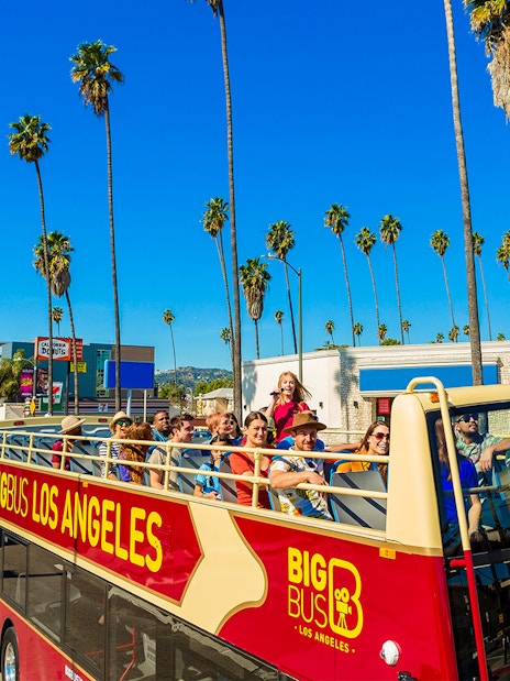Open-top tour bus with passengers on a sunny street in Los Angeles, lined with palm trees.
