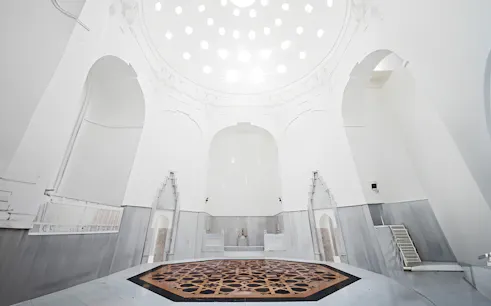 Hurrem Sultan Hamam interior with ornate marble basin in Istanbul.