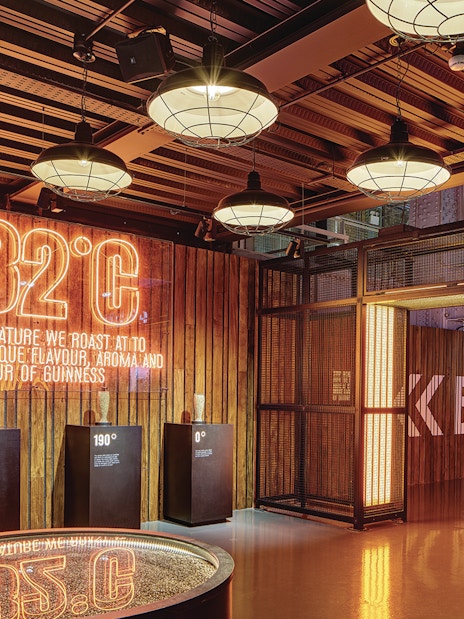 Guinness Storehouse exhibit showing roasting temperatures for flavor creation.