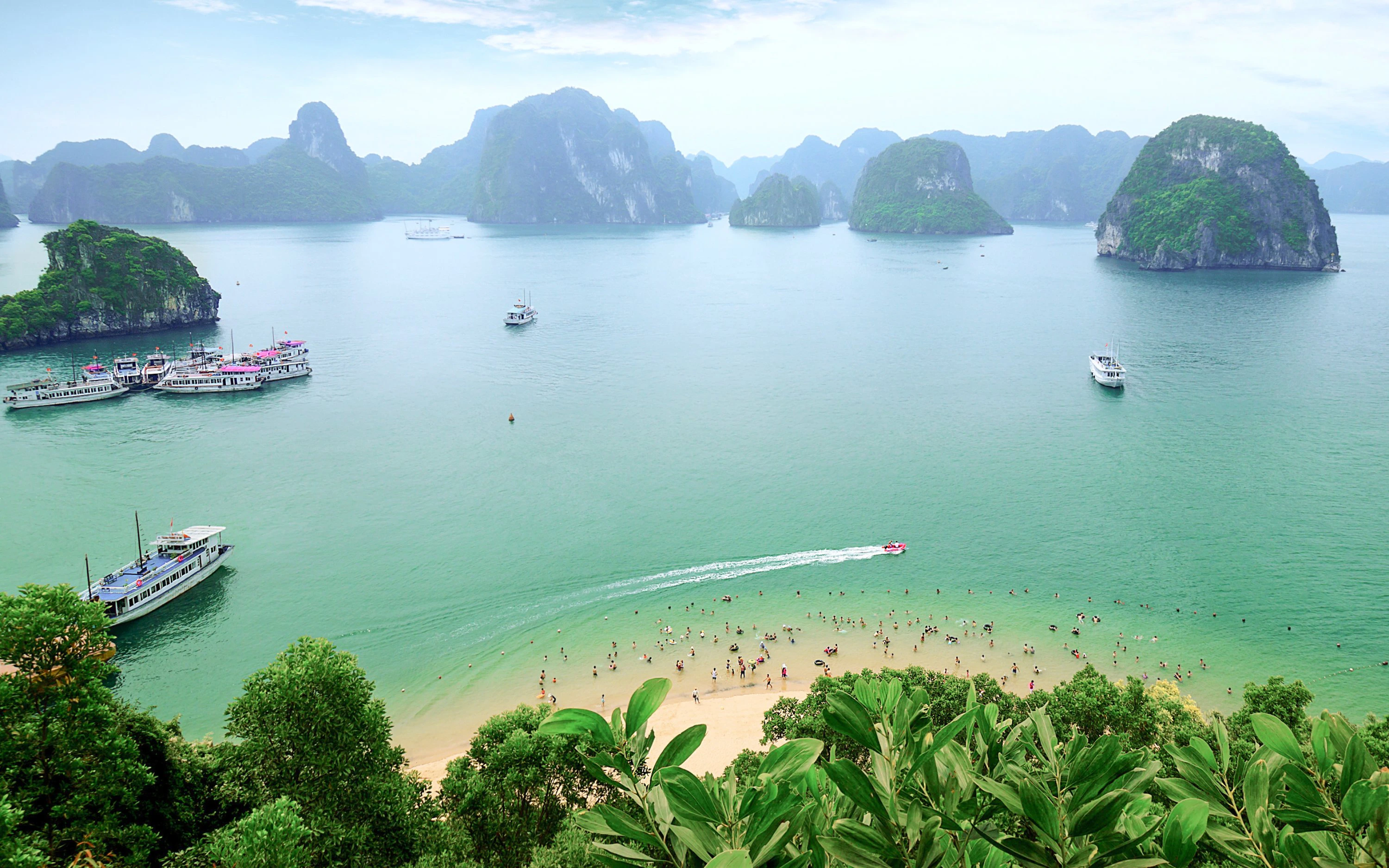 Tourist junks in Halong Bay viewed from Titop Island, Vietnam.