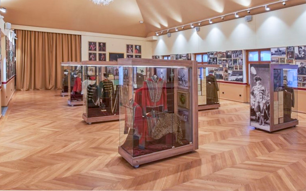 Hungarian Royal Guard uniforms on display at Riding Hall exhibition in Budapest.