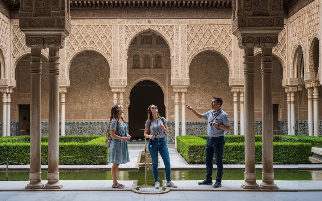 Tour group exploring the intricate architecture of the Alcázar of Seville.