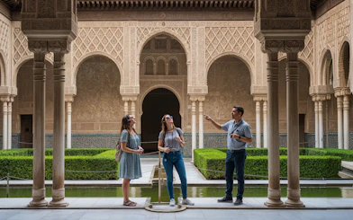 Tour group exploring the intricate architecture of the Alcázar of Seville.