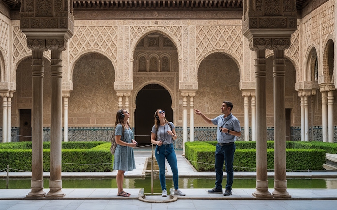 Tour group exploring the intricate architecture of the Alcázar of Seville.
