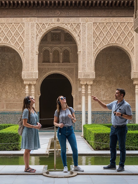 Tour group exploring the intricate architecture of the Alcázar of Seville.