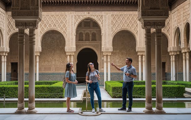 Tour group exploring the intricate architecture of the Alcázar of Seville.