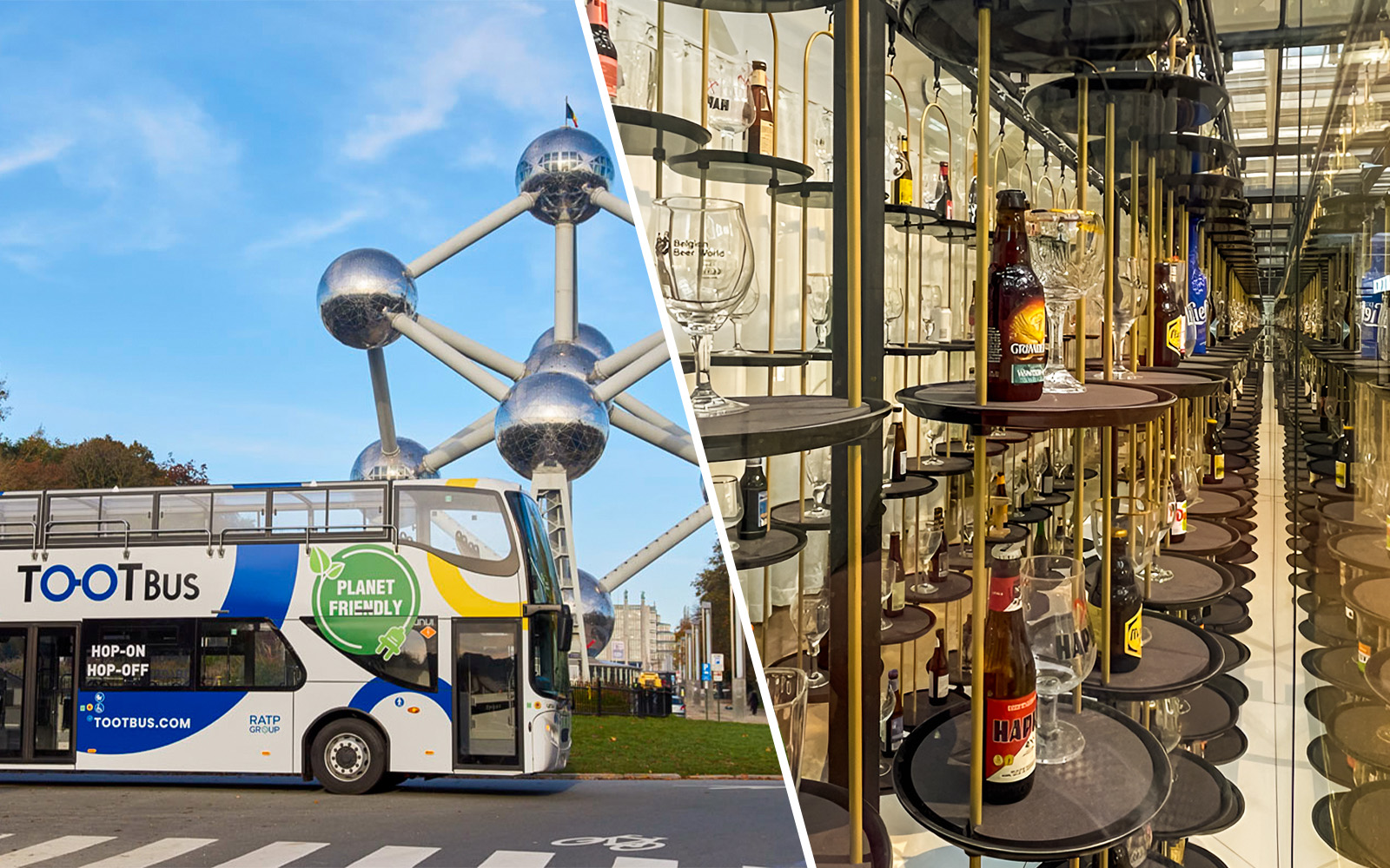 Brussels cityscape with red hop-on hop-off bus near Belgian Beer World.