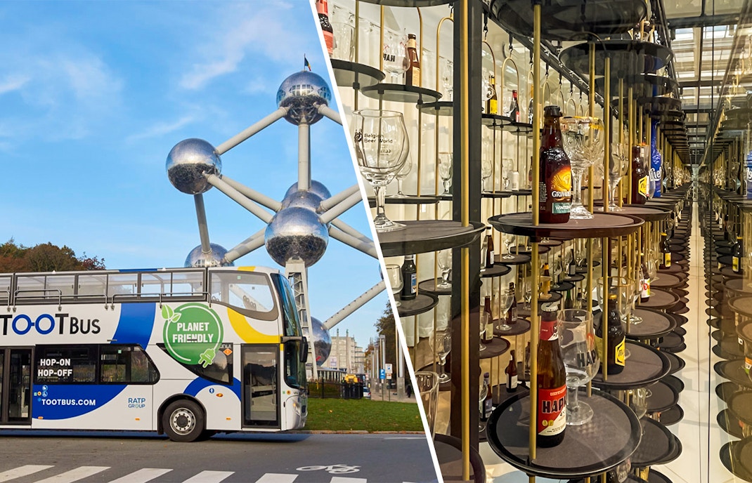 Brussels cityscape with red hop-on hop-off bus near Belgian Beer World.