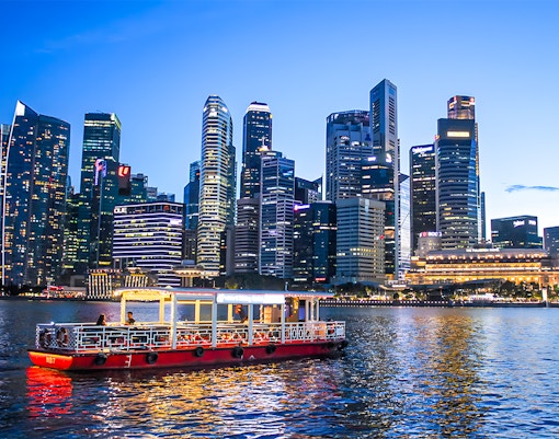 Singapore River Cruise boat on water with city skyline at dusk.