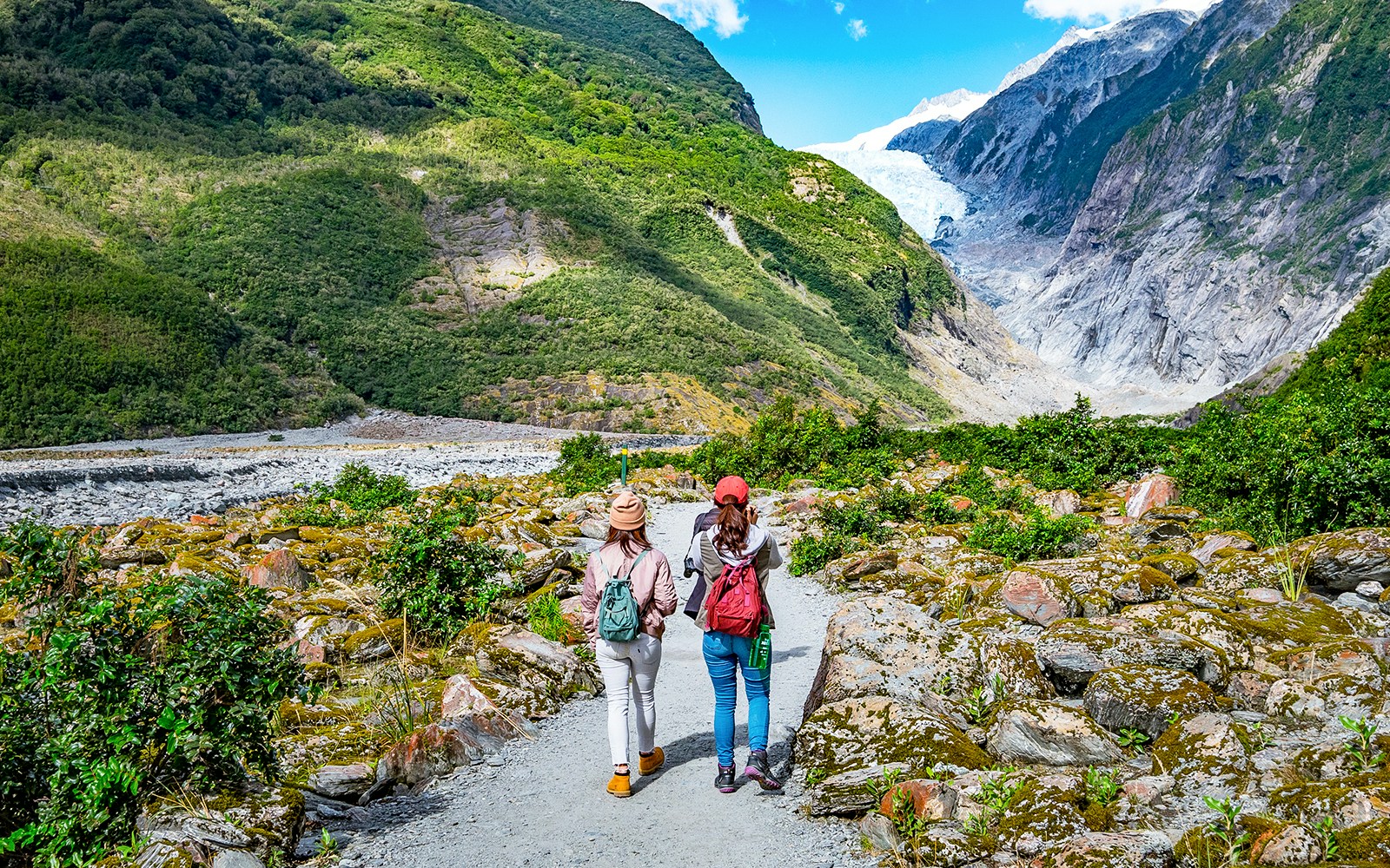 Hikers walking towards Franz Josef Glacier in New Zealand.