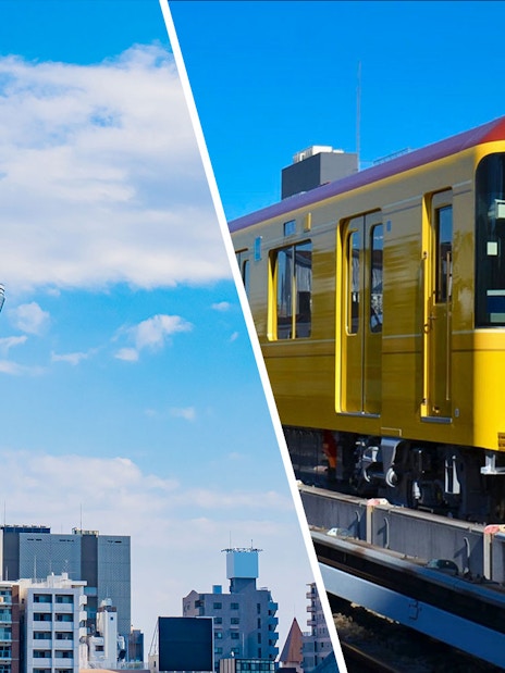 Tokyo Skytree and yellow subway train, Combo: Tokyo Skytree + Tokyo Subway 24hrs Tickets.