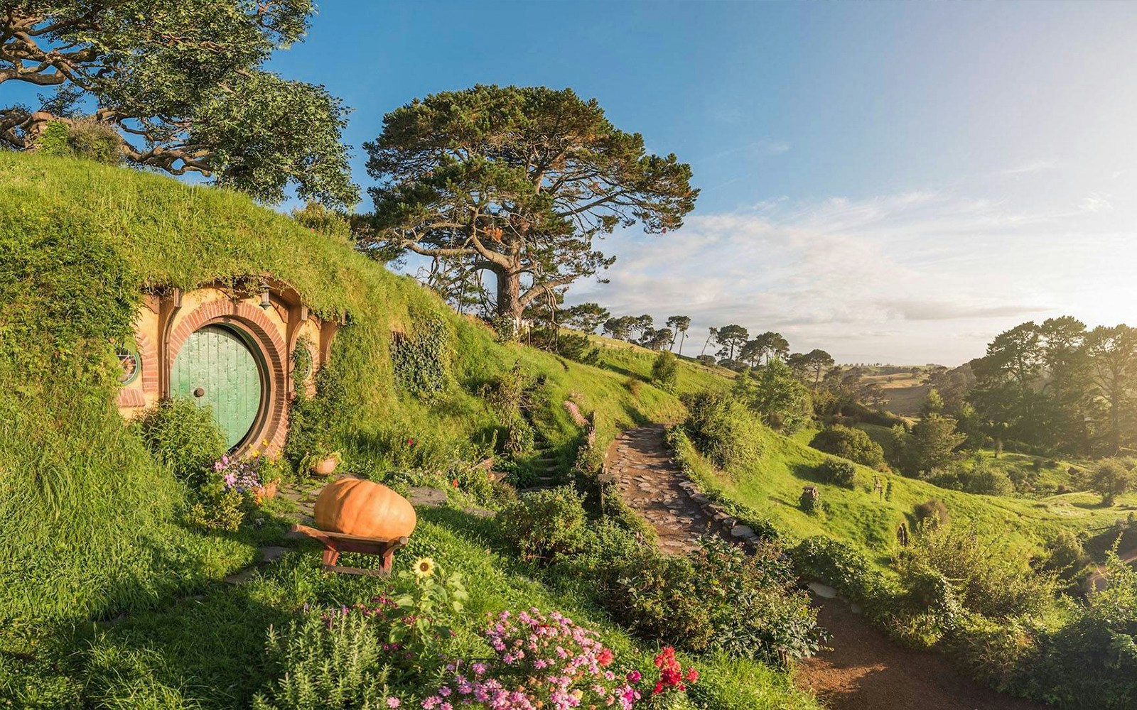 Hobbiton Movie Set with round door and lush greenery, part of Auckland tour.