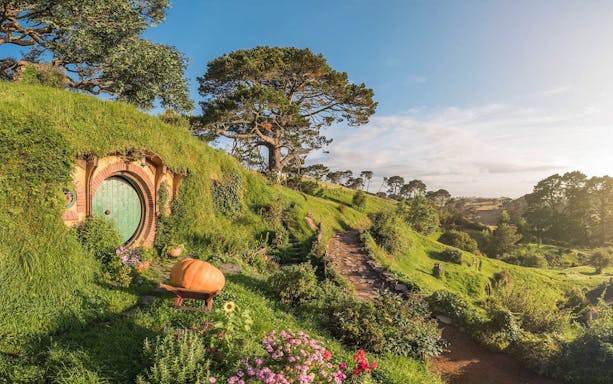 Hobbiton Movie Set with round door and lush greenery, part of Auckland tour.