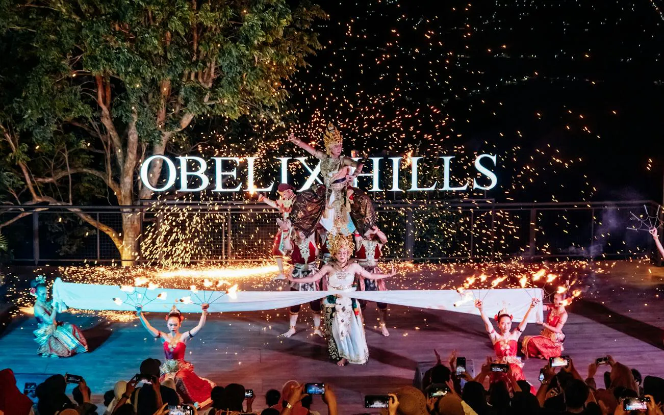 Traditional dance performance with fire effects at Obelix Hills, Dubai All Inclusive Pass.