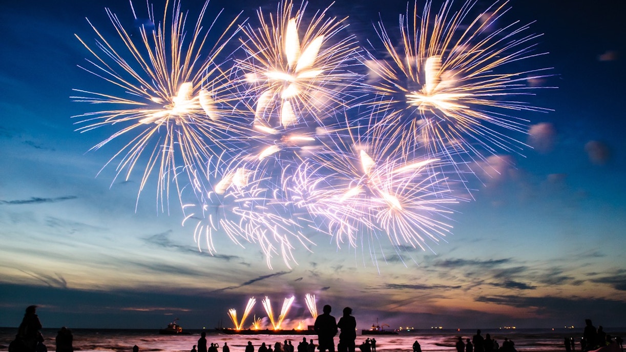 Fireworks over a beach in Amsterdam during New Year's celebrations in January.