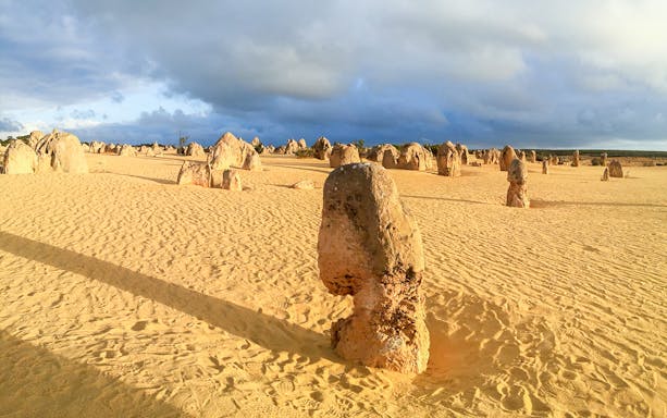 Pinnacles Desert limestone formations under a cloudy sky in Nambung National Park, Australia.