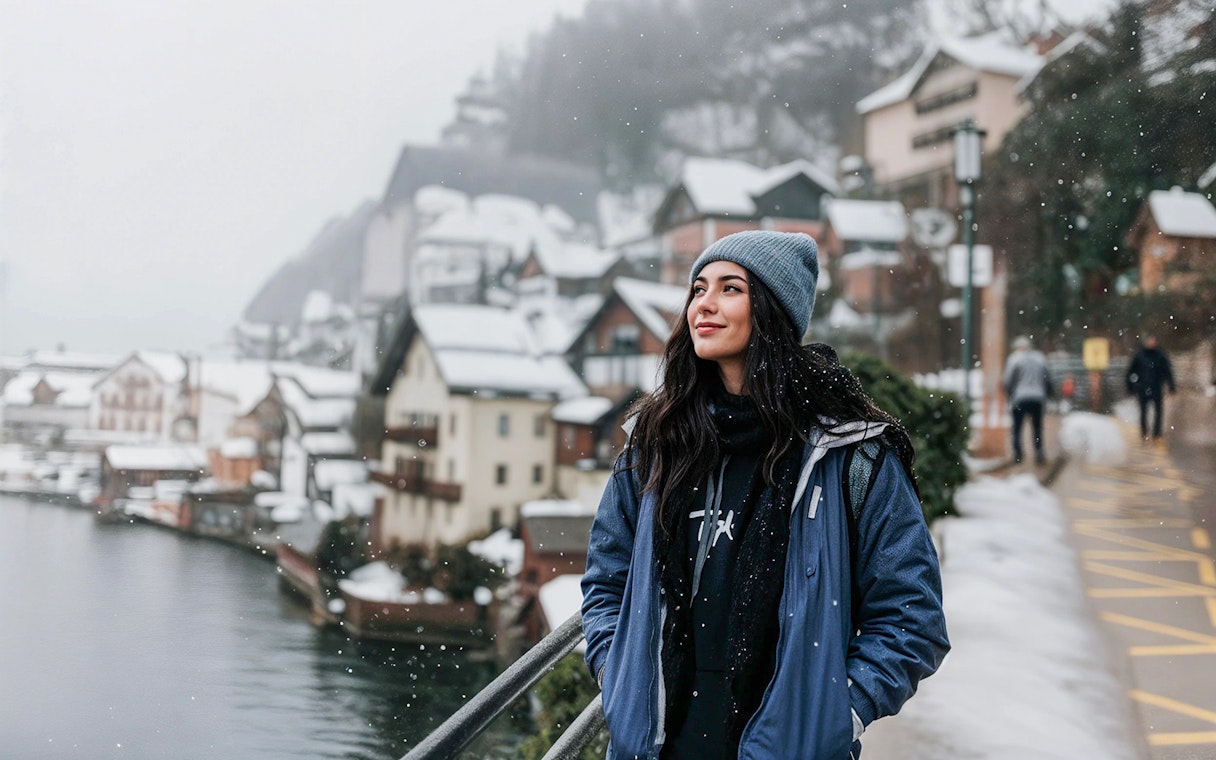 Young woman in winter clothing enjoying snowy Hallstatt, Austria, with traditional houses in the background.