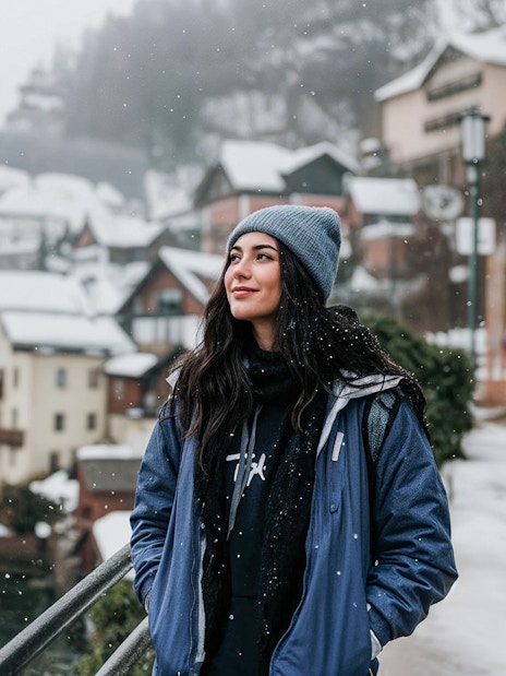 Young woman in winter clothing enjoying snowy Hallstatt, Austria, with traditional houses in the background.