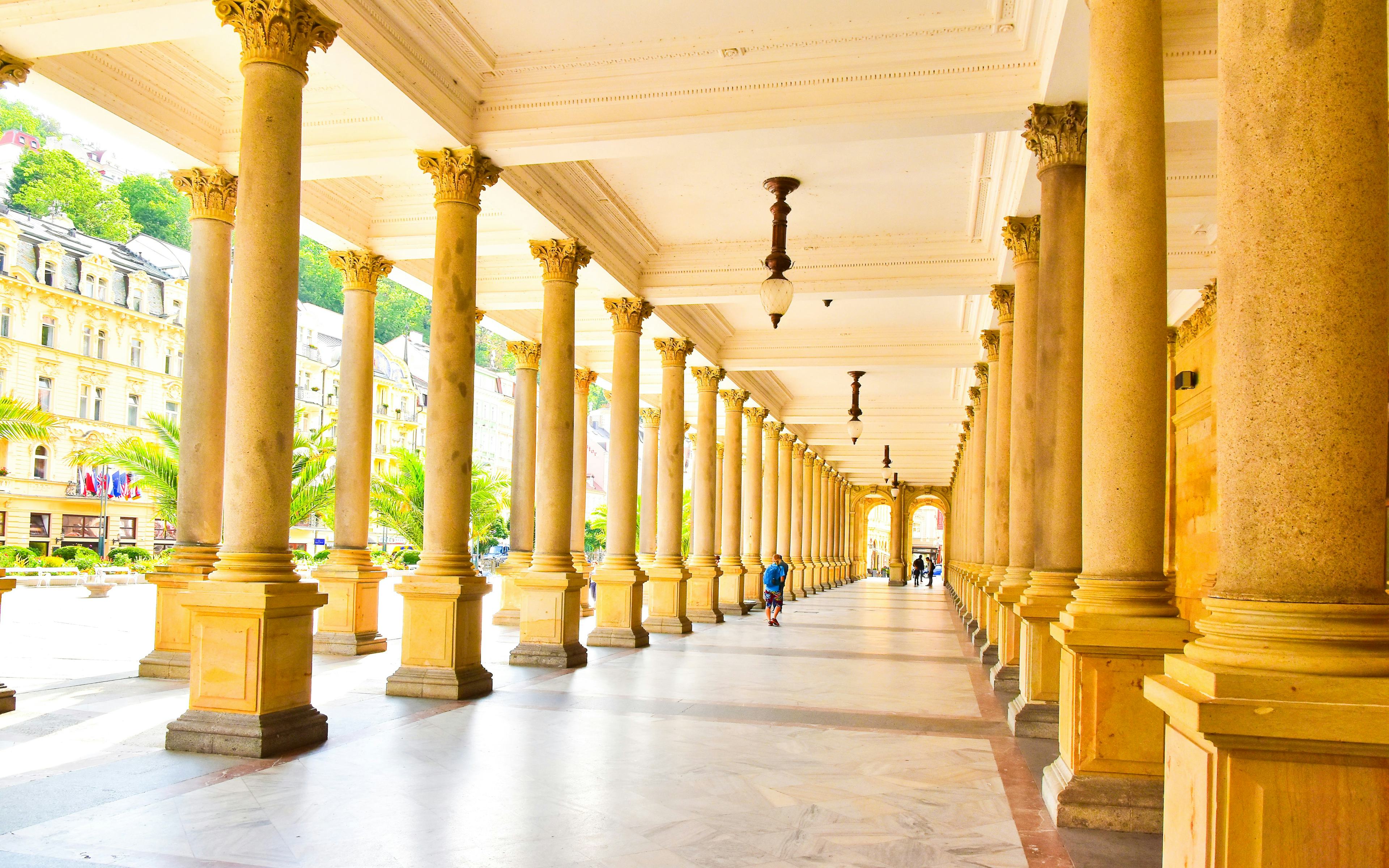 Mill Colonnade promenade hall with columns in Karlovy Vary, Czech Republic.