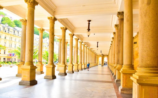 Mill Colonnade promenade hall with columns in Karlovy Vary, Czech Republic.