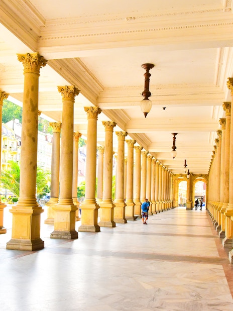 Mill Colonnade promenade hall with columns in Karlovy Vary, Czech Republic.
