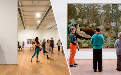 Whitney Museum and MoMA visitors viewing art exhibits in New York City.