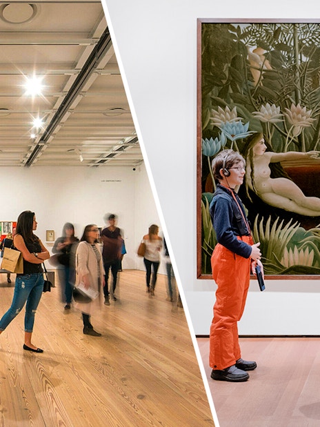 Whitney Museum and MoMA visitors viewing art exhibits in New York City.