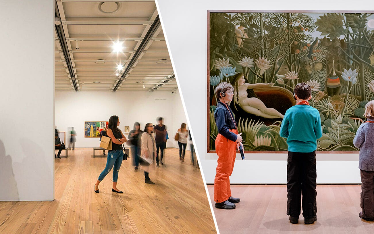 Whitney Museum and MoMA visitors viewing art exhibits in New York City.