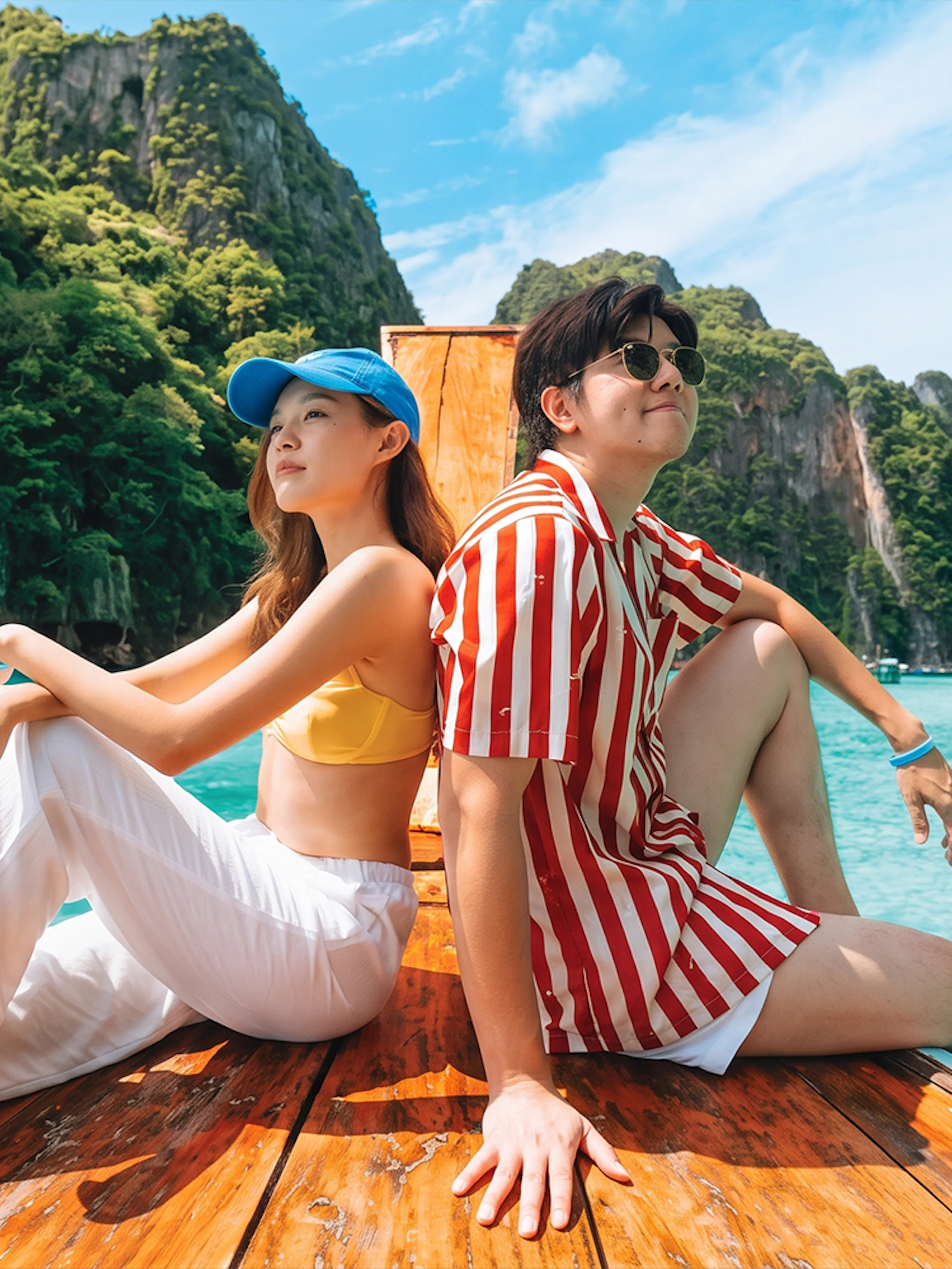 Tourists on a speedboat near Phi Phi Island's limestone cliffs, Phuket.