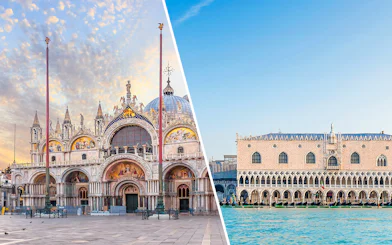 St. Mark's Basilica and Doge's Palace in Venice under a clear sky.