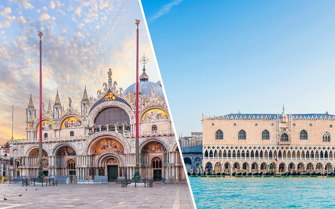 St. Mark's Basilica and Doge's Palace in Venice under a clear sky.
