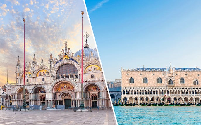 St. Mark's Basilica and Doge's Palace in Venice under a clear sky.